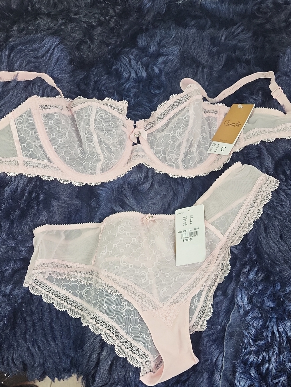 Chantelle Sheer Lace Unlined‎ Bra & Brief Set - Pale Pink. Size 34C (bra) and M
